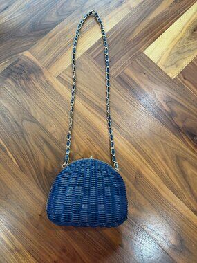 Blue Wicker Woven Shoulder Bag 1960's/70s Mid Century Modern gold chain strap